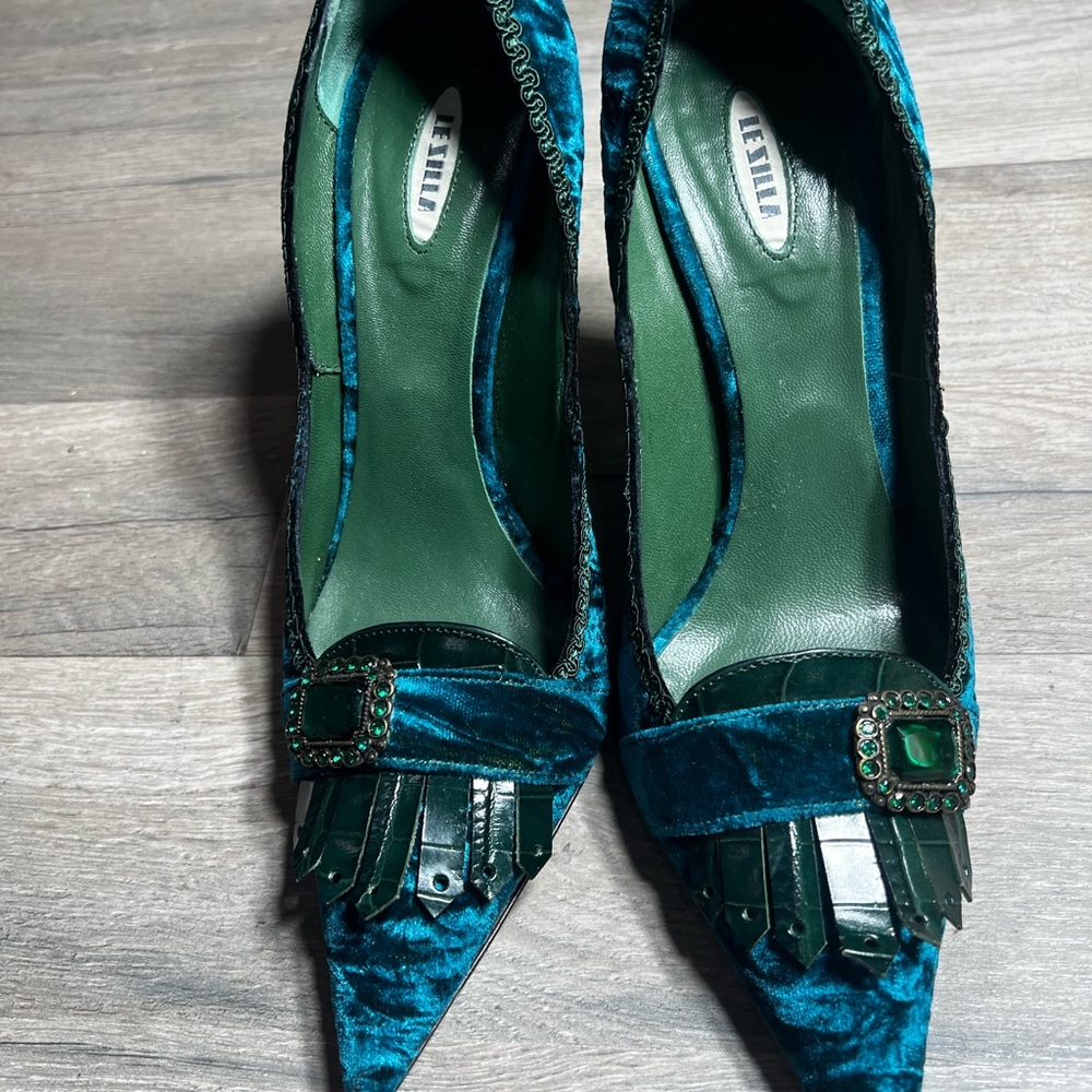 Le Silla Teal Velvet Pointed Toe Kitten Heel Pumps 37.5 - Picture 11 of 16